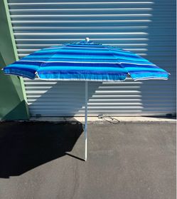 Beach Umbrella UV 50+ Portable Sun Shade with Sand Anchor & Carry Bag, Outdoor Folding Umbrella for Beach, Pool, Patio, Garden (Blue Stripe) No Tilt T