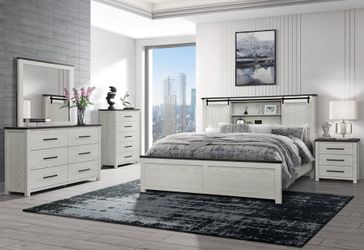 Sophisticated style 6pc bedroom set features built-in shelves, speakers, led light & more