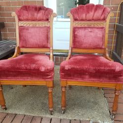 Antique Victorian Red Velvet Chair Pair