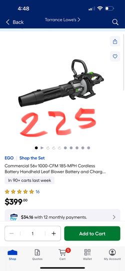 EGO| Shop the Set Commercial 56v 1000-CFM 185-MPH Cordless  only tool no battery no charger ..