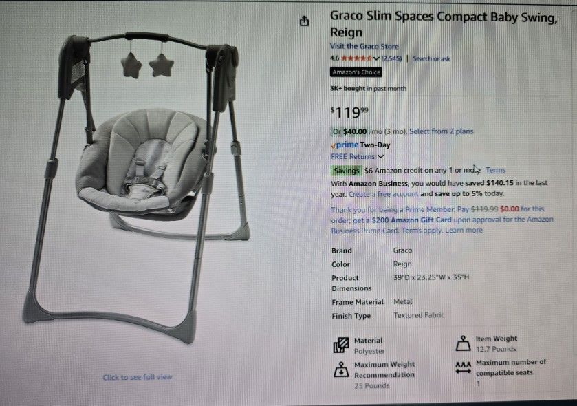 Graco Slim Spaces Compact Baby Swing