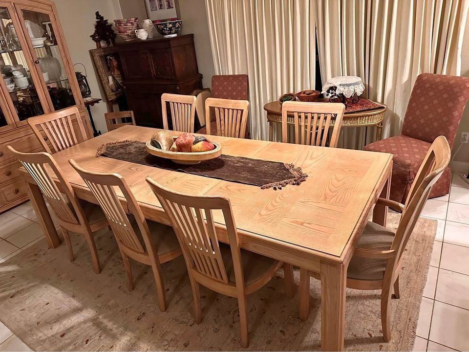 solid wood, vintage Stanley furniture, dining room, set table chairs, and China cabinet hutch
