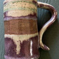 Vintage Handmade Tall Glazed Ceramic Coffee Tea Mug Earthy Green Brown Tones