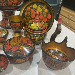 Khokhloma Russian Folk Art, Bright Laquered Red Black and Gold Designs, 