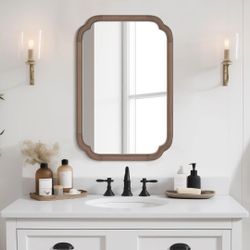 Walnut 20" x 30" Rounded Corner Arch Wall Mirror with Wood Frame Light Woodgrain Retails $119