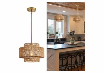 Boho Rattan Chandelier Light Fixture, Hand Woven Pendant Light Fixture Farmhouse Rustic