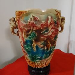 Vintage Chinese Style Carved Resin Vase Home Decor Decoration Flower Display Asian Family Oriental Life Elephants Lovely Vase;10 inches Tall x 7 inche