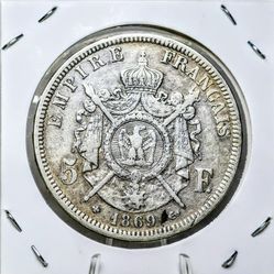 1869 France Napoleon III 5 Francs silver coin