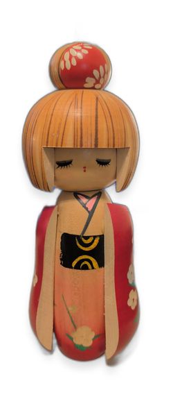 Vintage Japanese Kokeshi Doll, Blonde Bob, Red Kimono, Retro 1960s-70s Style