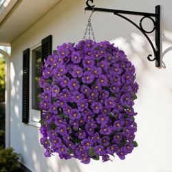 HyeFlora 4pcs Artificial Flowers for Outdoors Fake Pansy with Hanging Basket UV Resistant Silk Spring Faux Flowers for Outside Front Door Porch Yard (