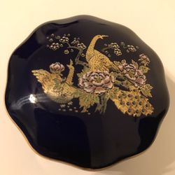 Vintage Cobalt Blue & Gold Trim Small Trinket/Jewelry Box w Floral Peacocks