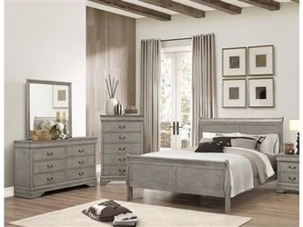 Brand new weathered gray queen sleigh bed frame + dresser + mirror + nightstand