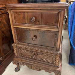 . Vintage Carved  wood nightstand w/ three drawers  & claw feet -  18” x 15” 