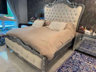 Luxury 7-Foot Tall King Bed Frame – Tufted Upholstered Silver Glam / Baroque Style