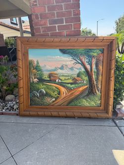 Large Vintage-Style Landscape Painting w/ Rustic Wood Frame – 52” x 42”