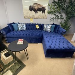 Navy Blue Velvet L Shape Sectional Button Tufted RAF Chaise 