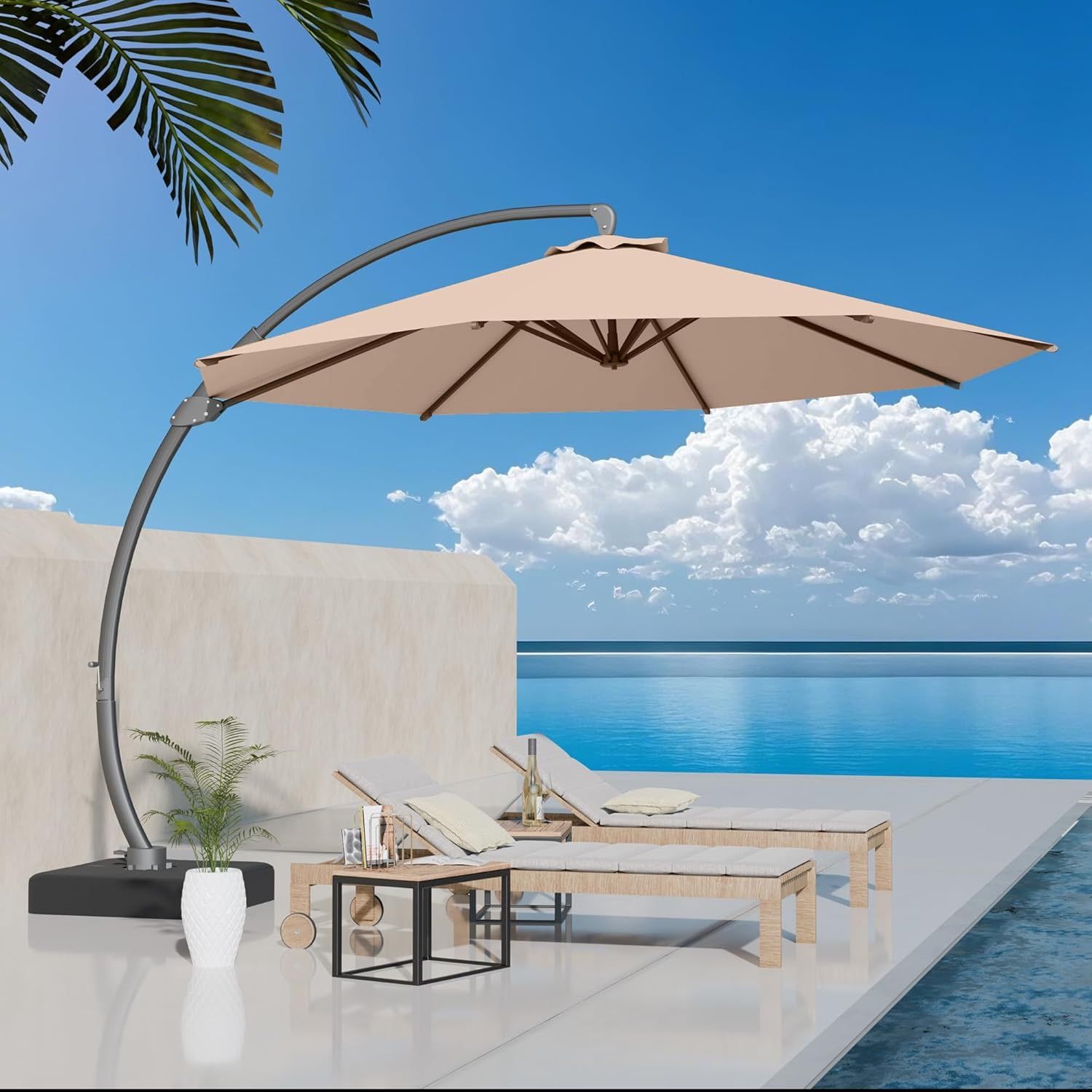 11ft Offset Cantilever Patio Umbrella with Base Included, Large Round Aluminum Outdoor Umbrella, 360° Rotation & Infinite Tilt, Heavy Duty Frame for D