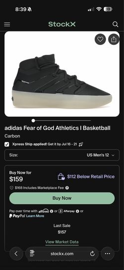 Adidas fear of god basketball shoes size 12