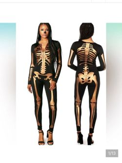 Antique bronze skeleton costume bodysuit women size Large