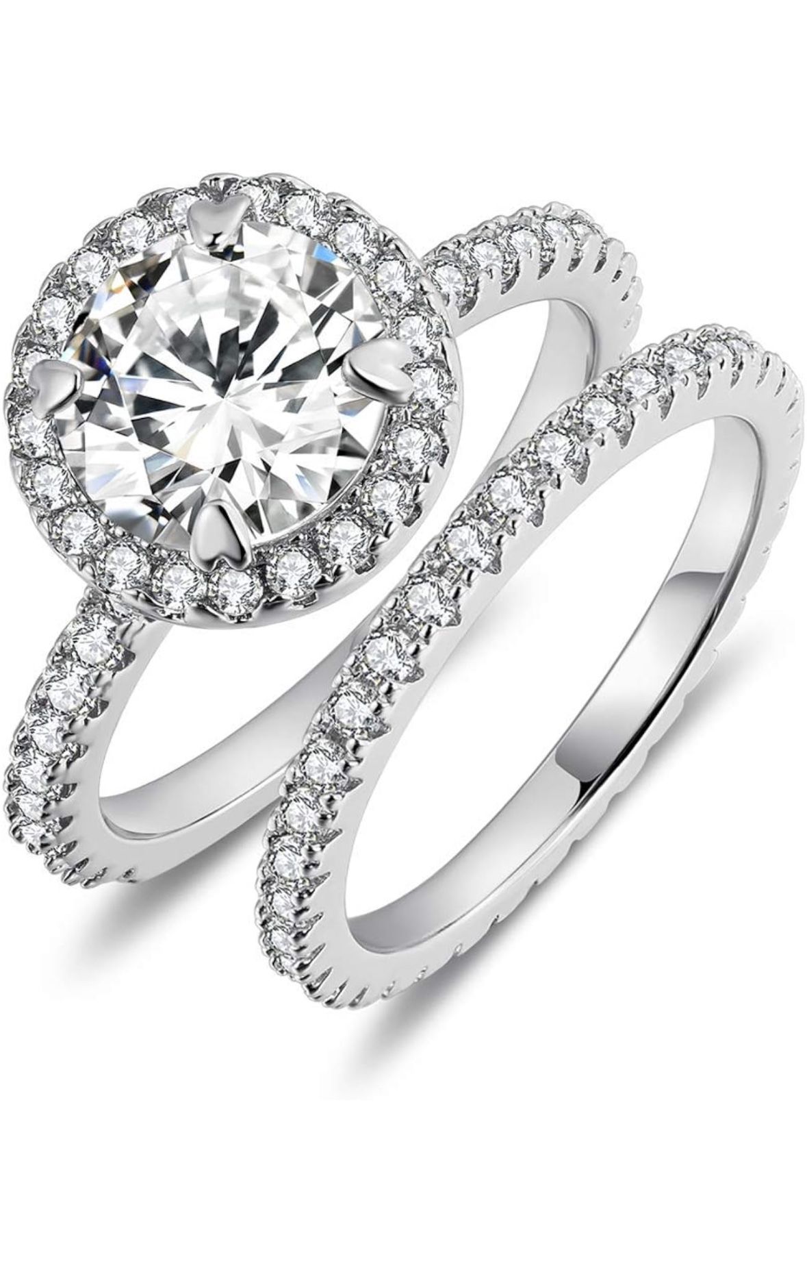 3 Carat Round CZ Solitaire Wedding Engagemengt Ring Set for Women, Halo Style White Gold Plated Size 7