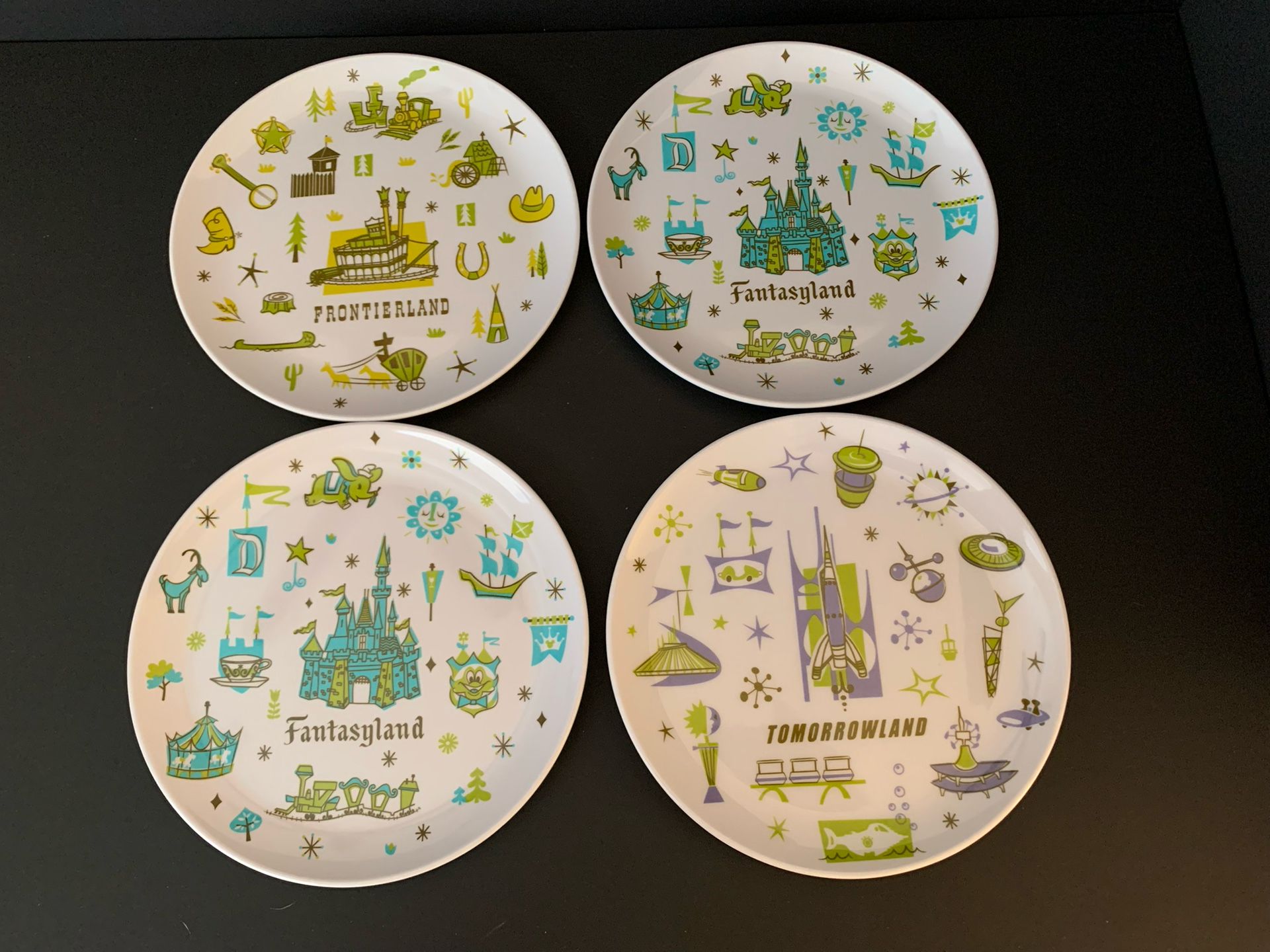 Disney Parks Magic Kingdom Land Map Collection 4 retro Style Melamine 8" Plates 2010s,New Products : American Fashion Style Bags On Sale