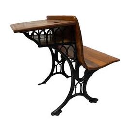 Antique Combination School Desk and Seat Unit, Cast Iron and Hardwood