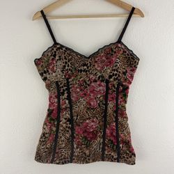 Vintage Y2K Brown Pink Leopard Rose Corset Style Mesh Babydoll Cami Tank Top