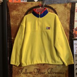 TOMMY HILFIGER-yellow/blue/red trim long sleeve 1/4-zip turtleneck fleece jacket