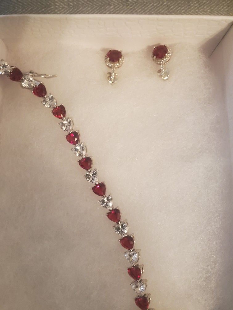 Bracelet And Earrings Set Ruby And Diamond Lab Created