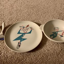 Vintage Melamine Children’s Bowl,Plate and Stainless Steel Silverware .