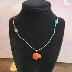 Silvertone  with Turquoise Nuggets Red Jasper Fetish Bear Pendant 21" Necklace F9 