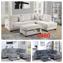 Sectional sofa with storage ottoman ivory, grey & dark gray corduroy