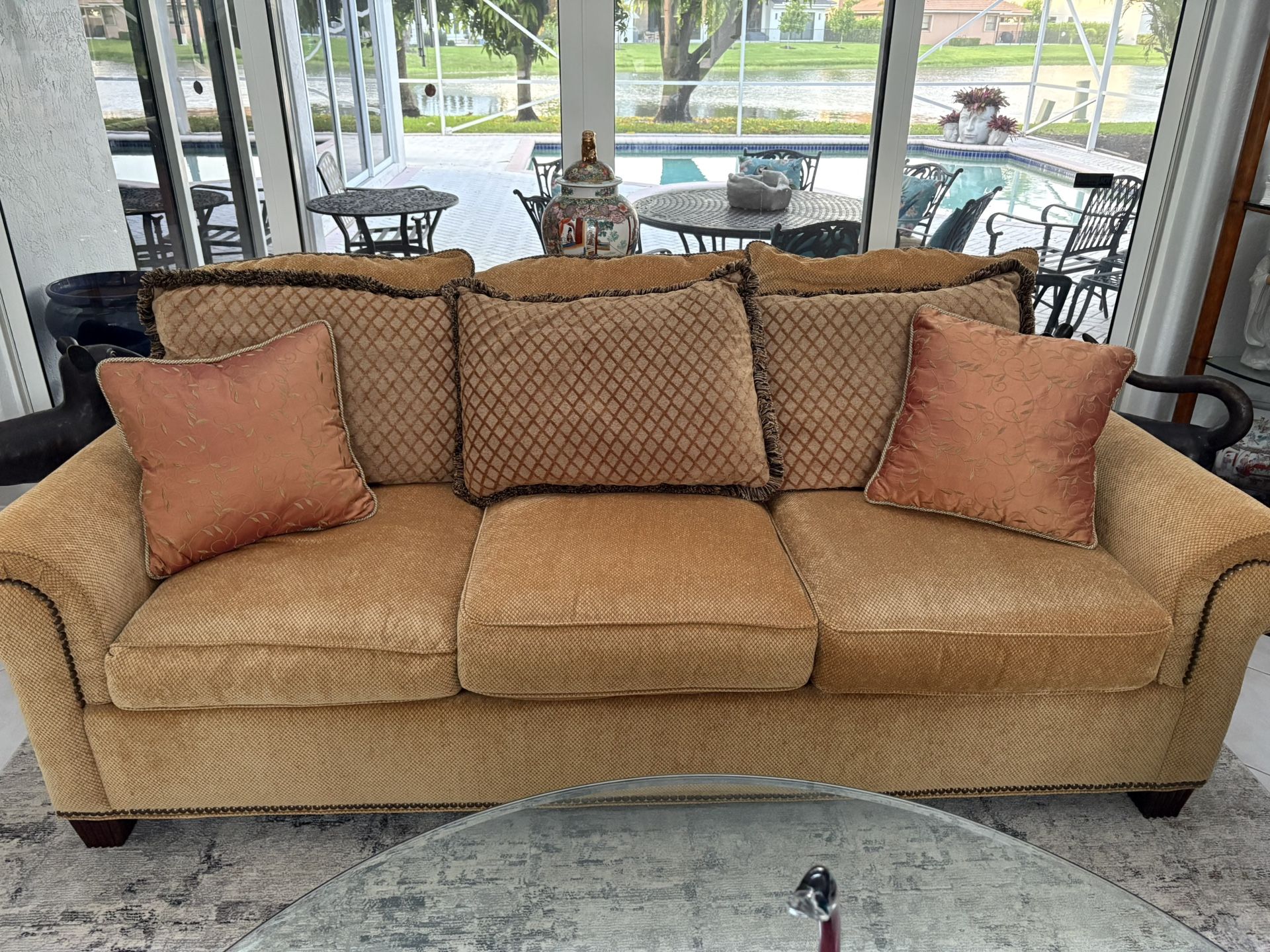 Like New! Fabulous Top Quality Designer LEXINGTON Sofa With Nailheads. About 100” Long. No Pets Or Smoking. This Couch Is Like New!