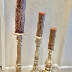 (3) Large Z Gallerie Sonoma Ivory Crackle Candleholders & (3) Timber Chocolate (burgundy) Candles