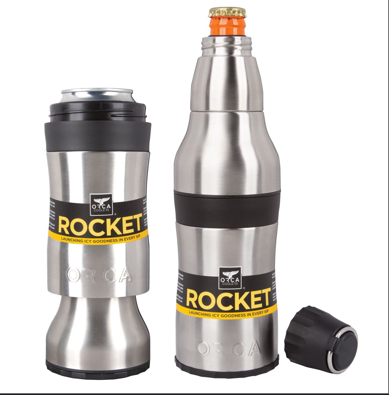 Orca rocket cooler canoe bottle with shot glass and a bottle opener