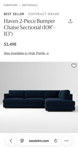 West Elm - Haven 2-Piece Bumper Chaise Sectional - 108” - Blue Velvet
