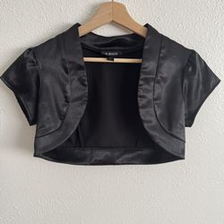 A. BYER Vintage Y2K Black Satin Short Sleeve Cropped Open Bolero Shrug Jacket