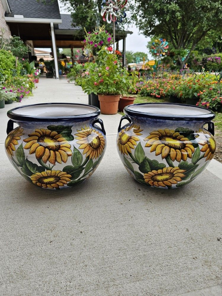 Authentic Mayolica Talavera Blue Sunflower Clay Pots (Planters) Plants. Pottery $65 cada una.