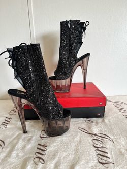 Black Glitter Smoke Tinted 7" Open Toe/Heel Lace Up Ankle Boot size 7