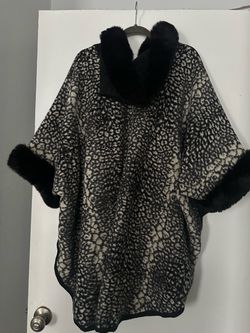 Leopard Print Cape with Faux Fur Trim