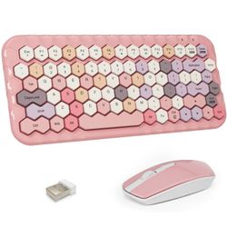 Wireless Keyboard and Mouse Combo, Cute Keycaps Keyboard with Hexagonal Keys and Chic Optical Mouse, Stable 2.4GHz for Desktop PC Computer Mac Windows
