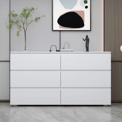 6 Drawer White Double Dresser, Wood Dresser Chest Vertical Storage Organizer Unit for Bedroom, Living Room, Hallway