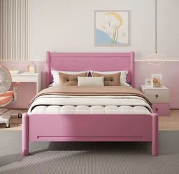 Queen Size Pink Bed Frame - Wood Platform, Cute Modern Design,No Box Spring