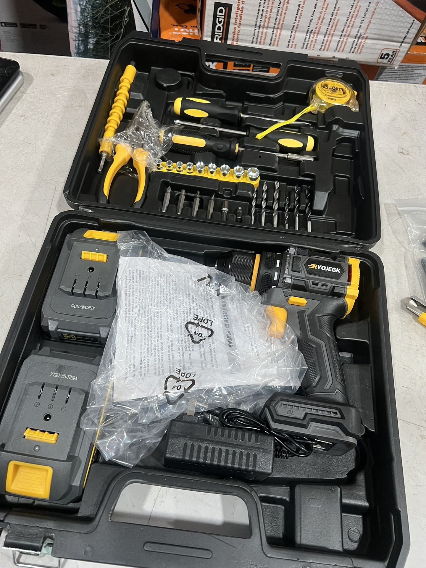 RYOJEGK Home Tool Set with Brushless Drill, 20V 2 batteries