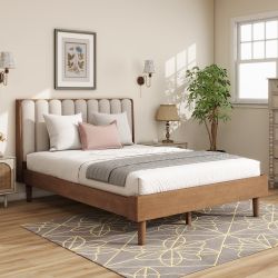 Svala Queen Size Wood Bed with channel-tufted upholstered headboard