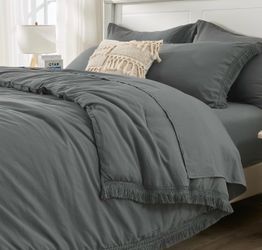 New Queen Size Fringe Comforter Set, 7 Pieces Dark Grey Bedding Boho Bed in a Bag, Soft Lightweight,
