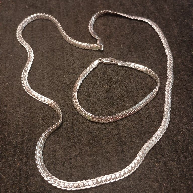Stylish 24-in 925 Sterling Silver Necklace Chain and Bracele Set
