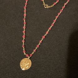 16” 1/20/14KG Filled Necklace With Ruby Colored Crystal Beads With Gold Pendants 