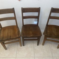 Set Of 3 Antique Oak Kids Elementary School Chairs 