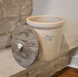 Vintage Robinson Ransbottom 3-Gal Blue Crown Stoneware Crock & Custom Wood Lid